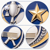 Médaille personnalisée de tennis de table en émail bleu argenté, motif bouclier et raquette, avec étoile en relief 3D, pour le championnat