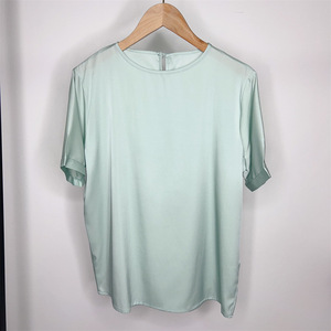 Top de cuello redondo de satén elástico de seda, camiseta de manga corta de satén de Color sólido para mujer, camisa pequeña de seda de morera de nuevo estilo - Product Image 2
