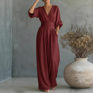 Tuta Casual da Donna Personalizzata con Scollo a V, Maniche Corte, Vita Alta, Gamba Larga, Design OEM ODM Accettato, Vendita all'Ingrosso, Consegna Rapida - Product Image 2