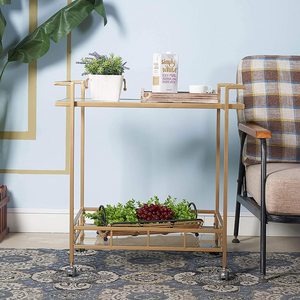<span class=keywords><strong>Chariot</strong></span> à bar en métal et <span class=keywords><strong>bois</strong></span> à deux niveaux, style industriel moderne, doré, avec revêtement en poudre, roulettes, pour la maison, la cuisine, le salon, la cave à vin - Product Image 4
