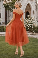 Robe de Demoiselle d'Honneur Orange Brûlé, Épaules Dénudées, Bustier Cœur, Tulle, Coupe A-Line, Longueur Thé, Robe de Cérémonie OEM pour Invitée de Mariage