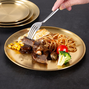 Assiette ronde en acier inoxydable couleur or, plat peu profond pour usage domestique, plateaux de service - Product Image 1