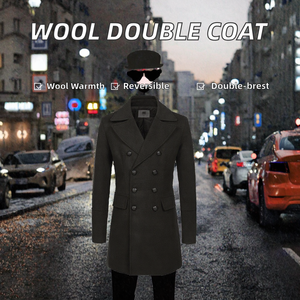High Performance Reversible Solid Color Double Breasted Button 100% <b>Wool</b> <b>Men</b> Winter <b>Long</b> <b>Overcoat</b> Casual Streetwear Anti-Wrinkle - Product Image 2