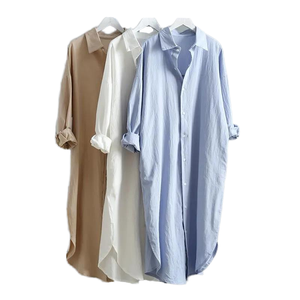 Vestido informal de lino y algodón con cuello de solapa de Color <span class=keywords><strong>s</strong></span>ólido, estilo oscilante, cintura elástica, bolsillo, cintura Natural, camisas de vestir - Product Image 3