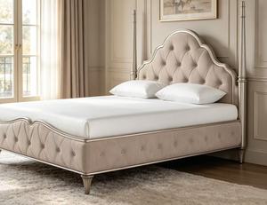 Premium Queen Size Silver Four Poster <b>Bed</b> With Beige Velvet Diamond Tufted Arched Headboard For Luxury Bedroom - Product Image 6