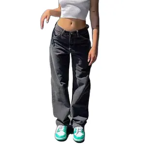 XQM Celana Panjang Pinggang Tinggi Wanita, Celana Panjang Katun Denim, Celana Panjang Lurus, Celana Panjang Wanita Kasual, Jeans Baru