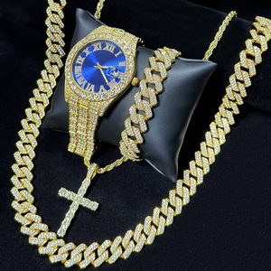 Montre à quartz en acier inoxydable pour homme, ensemble de bijoux tendance hip-hop, bracelet chaîne cubaine, collier, cadeau, aiguilles en verre – Vente chaude - Product Image 6
