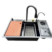 Évier de cuisine moderne à cuve unique en acier inoxydable 304 avec robinet cascade multifonctionnel à quatre trous