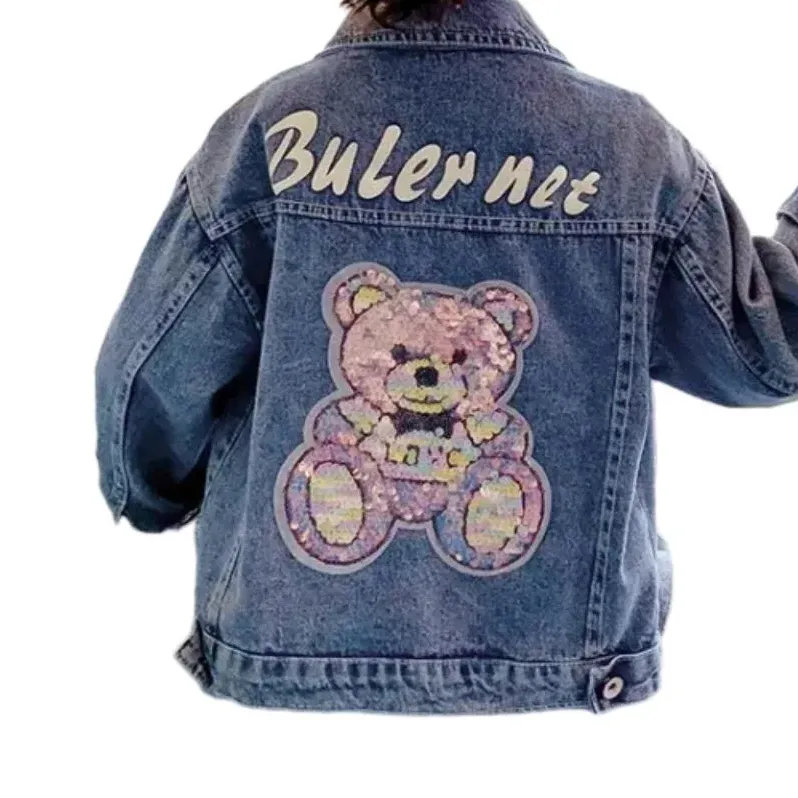 Veste en jean à paillettes pour fille, manteau en jean à motif ours