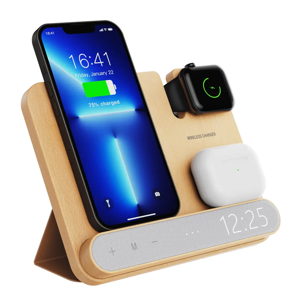 Wooden Qi Fast Wireless Charger Stand With Digital Led Clock Wooden Qi Wireless Charger Smart Watch for iPhone 12/13/14