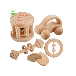YUCI 5 pièces <span class=keywords><strong>Montessori</strong></span> en bois bébé jouet ensemble éducatif bois hochets cloches pousser voiture pour nouveau-né cadeau parfait pour les garçons - Product Image 1