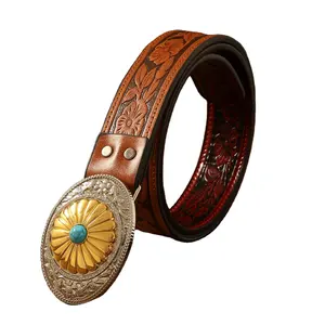 New trendy unisex western Indigenous style turquoise cowboy custom belt with gold buckle carved belt for men and women