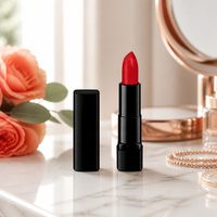 Rouge à lèvres longue tenue personnalisé avec logo OEM - Rouge corail velours mat, design cubique, marque privée