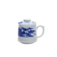 Tasse à thé en céramique émaillée bleu et blanc style chinois moderne de Jingdezhen avec couvercle et filtre, grande capacité pour le bureau/les réunions - Cadeau