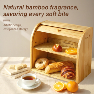 Boîte à pain, boîtes à pain <span class=keywords><strong>en</strong></span> <span class=keywords><strong>bambou</strong></span> à 2 étages pour le stockage des aliments dans la cuisine, boîte à pain de grande capacité avec couvercle à roulettes et couche amovible - Product Image 3