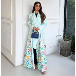 Abaya de Lino Premium LEDUO Azul con Patrones Florales Bordados a Mano, Larga hasta el Suelo, Mangas Largas, Pañuelo Sólido del Mismo Color - Product Image 1