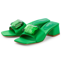 Mules à talons hauts pour femmes, en satin vert, à bout ouvert, ornées de strass, pour soirée, style créateur, à talon épais