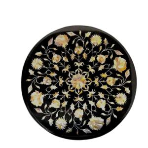 Plateau de table en mosaïque Pietra Dura, plateau de table basse rond multi-pierres pour meubles de maison, design moderne, marbre noir - Product Image 3