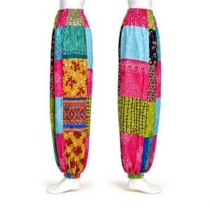 Women Boho Patchwork Printed Knit Breathable <b>Summer</b> <b>Trousers</b> Elastic Mid Waist Wide Leg Casual Beachwear - Product Image 1