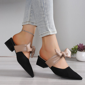 Nouvelle Arrivée Sandales à Talon Moyen à Bout Pointu et Nœuds, Color Block, Élégantes, à Talon Épais, Grande Taille, Été 2205 - Product Image 3