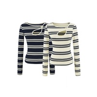Haut tricoté rayé à manches longues pour femme, avec découpe en forme de cœur et boutons, coupe ajustée, style preppy nautique, basique, OEM ODM, personnalisable, chemise décontractée en tricot pour femme