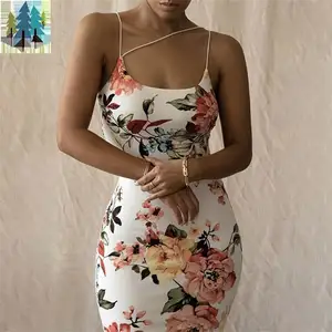 여성용 도매 여름 민소매 캐주얼 원피스 2024 라텍스 스트랩 꽃 인쇄 드레스