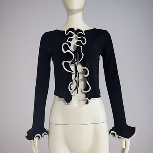 Usine personnalisé printemps automne dames point européen et américain <span class=keywords><strong>noir</strong></span> à manches longues à lacets tricoté recadrée Cardigan <span class=keywords><strong>pull</strong></span> femmes - Product Image 4