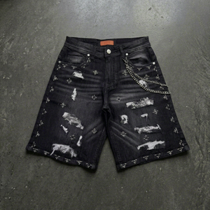 Shorts Bermuda déchirés noirs pour hommes, motif à carreaux, style punk, fermeture boutonnée, taille mi-haute, en coton tissé - Product Image 1