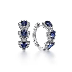 Elegan wanita Zircon biru anting mewah mikro Pave bentuk hati Huggie Hoop anting menjuntai untuk wanita perhiasan