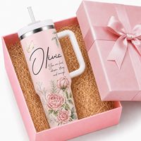 Gobelet isotherme personnalisé de 40 oz avec nom, motif floral, double paroi en acier inoxydable, avec poignée et paille, idéal pour les cadeaux