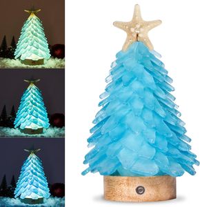 Blue Sea Glass Christmas Tree Handcrafted Mini Christmas Tree with LED Lights Table Centerpiece