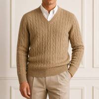 Herren V-Ausschnitt Zopfmuster-Pullover Langarm Wollmischung Grobstrick-Pullover Lässiger Herbst-Winter-Jumper