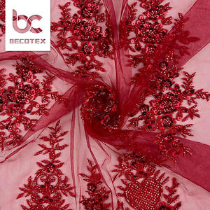 Luxury French Red Beads Tulle <strong>Lace</strong> <strong>Fabric</strong> with <strong>Heavy</strong> Beaded Embroidery Eco-Friendly Mesh <strong>Lace</strong> for Bridal Wedding Dresses - Product Image 3