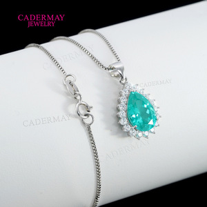 Cadermay Crystal Pendant Necklace Sterling Silver 8x12mm Pear Shape Blue Stone Party Jewelry - Product Image 3