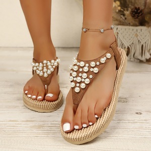 Women Pearl Embellished T Strap Flip Flop Back <b>Elastic</b> Strap Summer Beach Shoes - Product Image 3