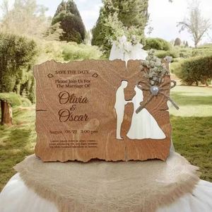 Tarjetas de Invitación de Boda de Madera con Diseño Rectangular, Flores Talladas Personalizadas, Perfectas para Boda o Compromiso - Product Image 3
