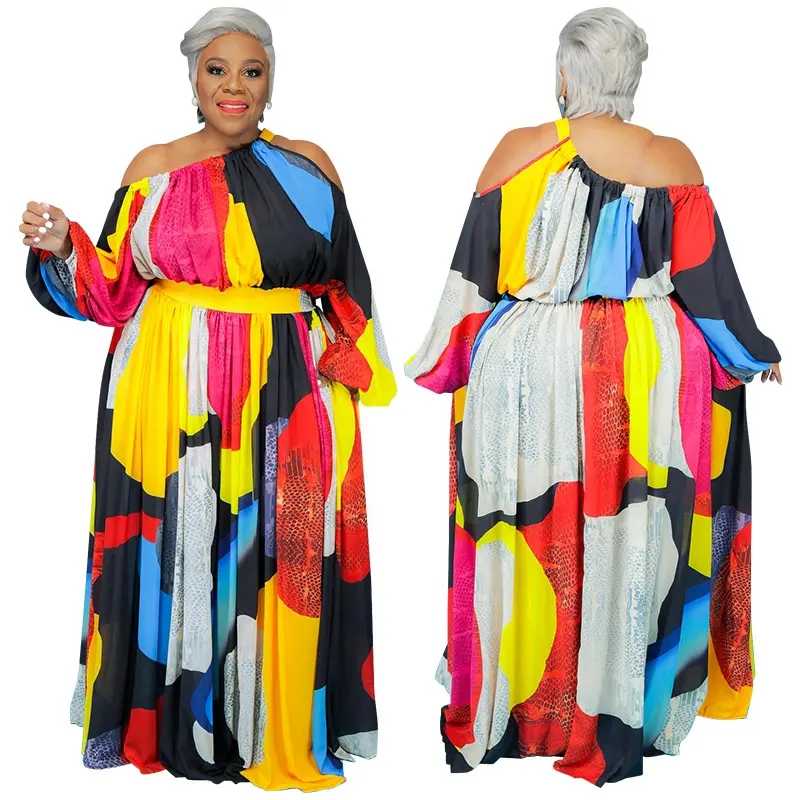 Robe maxi africaine pour femme, vêtement asymétrique, épaule dénudée, ajouré, cravate à couleurs bloc, imprimé jaune et noir, grande taille, collection