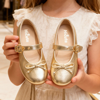 Chaussures plates Mary Jane pour filles en PU avec boucle nœud dorée, semelle souple, tendance mode, pour mariage et soirées