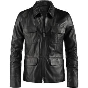 Chaqueta de Cuero de Cordero para Hombre, Cuello Camisero, Estilo Clásico Vintage, Chaqueta de Cuero Negra con Bolsillos, Manga Regular - Product Image 1