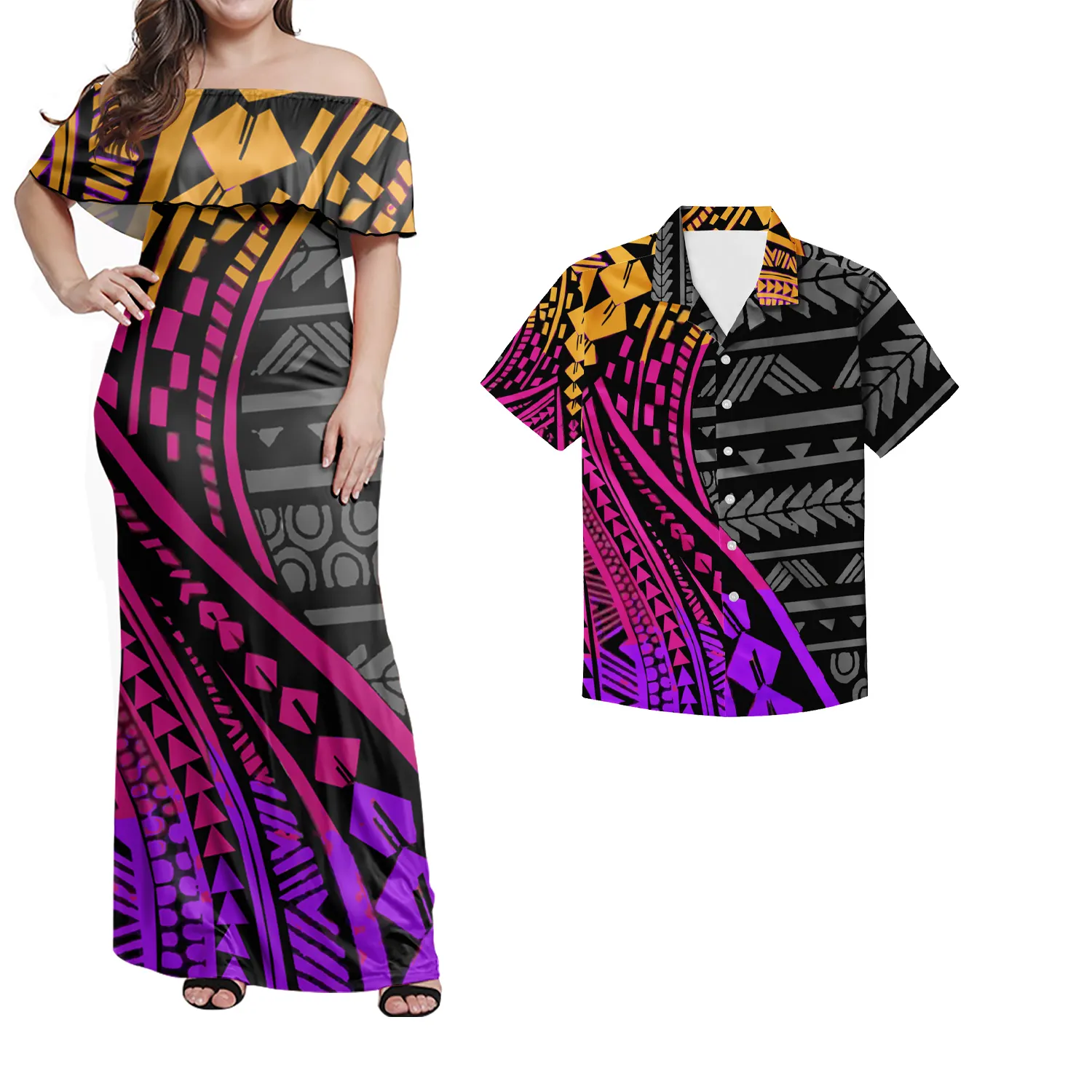 Polinesia tribal color brillante-vestido de hombro Tonga par traje de las señoras de estilo occidental de la corto-Manga larga vestido de los hombres camisa
