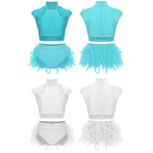 Girls Latin Dance Costume Two Piece Crop <b>Top</b> Cold Shoulder High Waist Shorts <b>Feather</b> Trim Rhinestone Stage Show Outfit Custom - Product Image 4