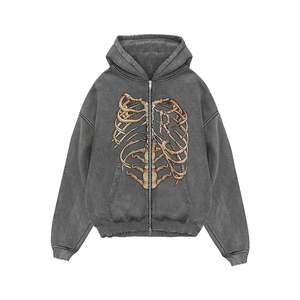 Sweat à capuche zippé unisexe oversize style streetwear hip-hop, en molleton épais 100% coton, doublure polaire, couleur unie, épaules tombantes - Product Image 1