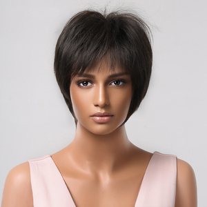 Peluca de cabello sintético estilo Afro para uso diario, pelo corto recto con flequillo <span class=keywords><strong>Pixie</strong></span>, corte Bob en capas, color negro y marrón, resistente al calor - Product Image 4