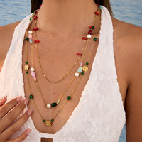 Collier long perlé en acier inoxydable plaqué or pour femme, style bohème, avec pierres naturelles, perles et corail, à superpositions, pour pull