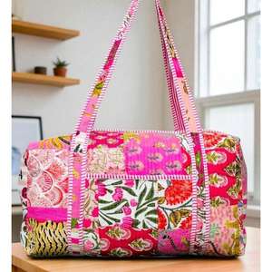 Bolsa de Viaje Tipo Duffel, Bolsa de Almacenamiento de Algodón, Bolsa de Viaje Acolchada Hecha a Mano, Bolsa de Hombro de Tamaño Estándar con Estampado de Bloques, Bolsa de Compras Estilo Boho - Product Image 2