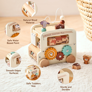 Juguete de madera transfronterizo para niños, rompecabezas educativo temprano, autobús multifuncional Montessori 5 en 1 de seis caras - Product Image 2