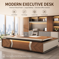 Bureau de direction en placage de bois, bois blanc bicolore avec éclairage LED, grand rangement, bureau de patron pour manager, bureau du président