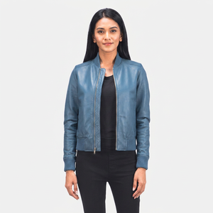 Luxury Blue Bomber Leather Jacket Women Custom Zippers Embroidery Breathable Waterproof Windproof <b>New</b> <b>Skin</b>-Fashion Jacket - Product Image 1