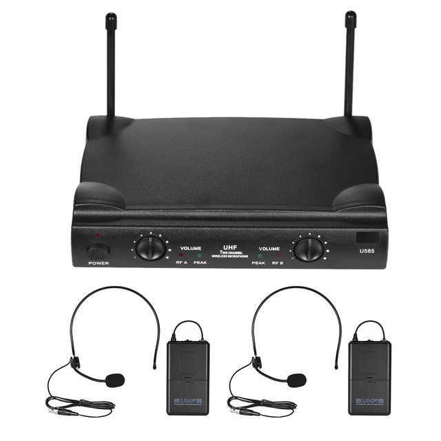 UHF Dual Channels Wireless Microphone Mic System with 2 Bodypack Transmitter 2 Headset Microphones 1 Receiver 6.35mm Audio Cable