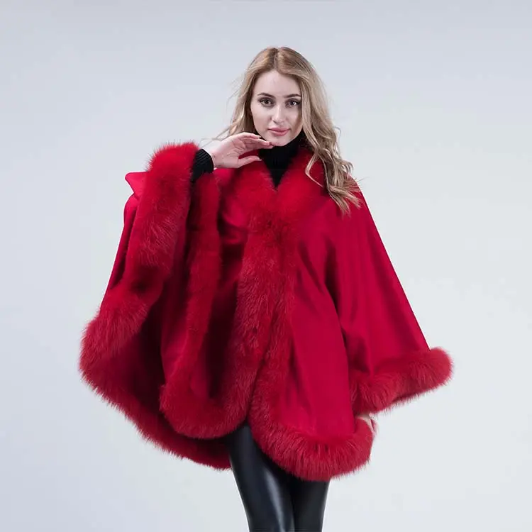 Wholesale warm wool women red shawl real fox fur trim pashmina shawl